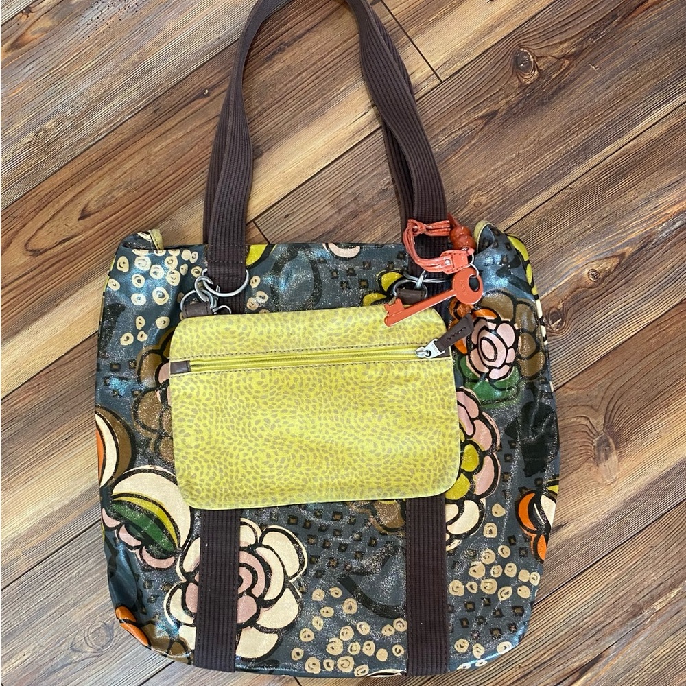 Fossil Floral Tote with Yellow and Brown Accents